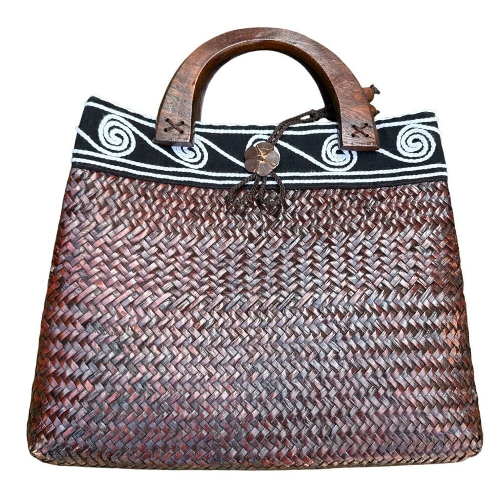 Handwoven Wicker Tote Bag With Wooden Handles & Cotton Accents 13" X 10"